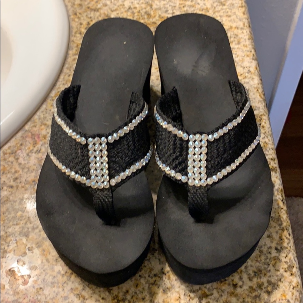 Black wedge flip flops with Swarovski Crystals
